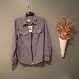 Michael Kors Black/White NWT Long Sleeve W/Tab For Rolling Up, Zip Up Blouse S.